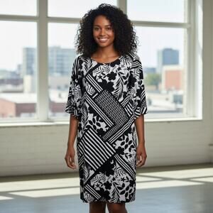 Chico's Black & White Print Short Split Sleeve Geo floral Dress Chicos 1 or US M